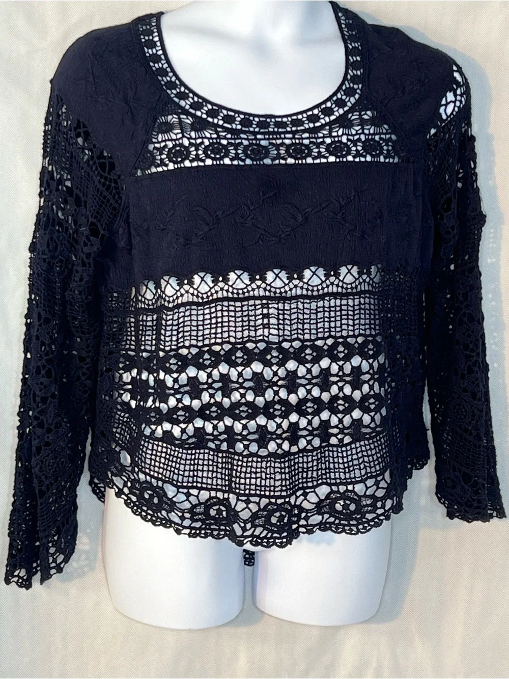 Anthropologie Deletta Crocheted Sweater Navy Long Sleeves Round Neck Boho L 👍